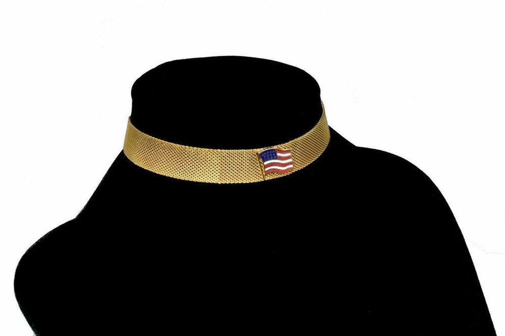 Patriotic American Flag Gold Tone Mesh Chic Stylish Choker Necklace 14