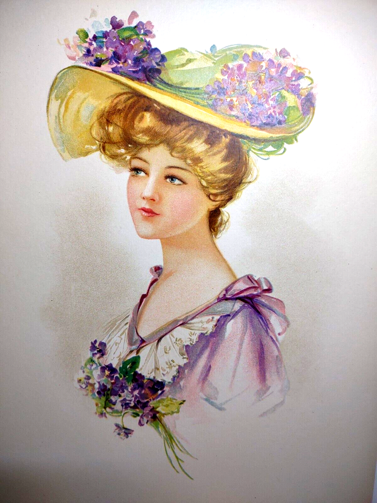 Victorian Art Print 1908 Fancy Flower Hat Lithograph Lovely Women