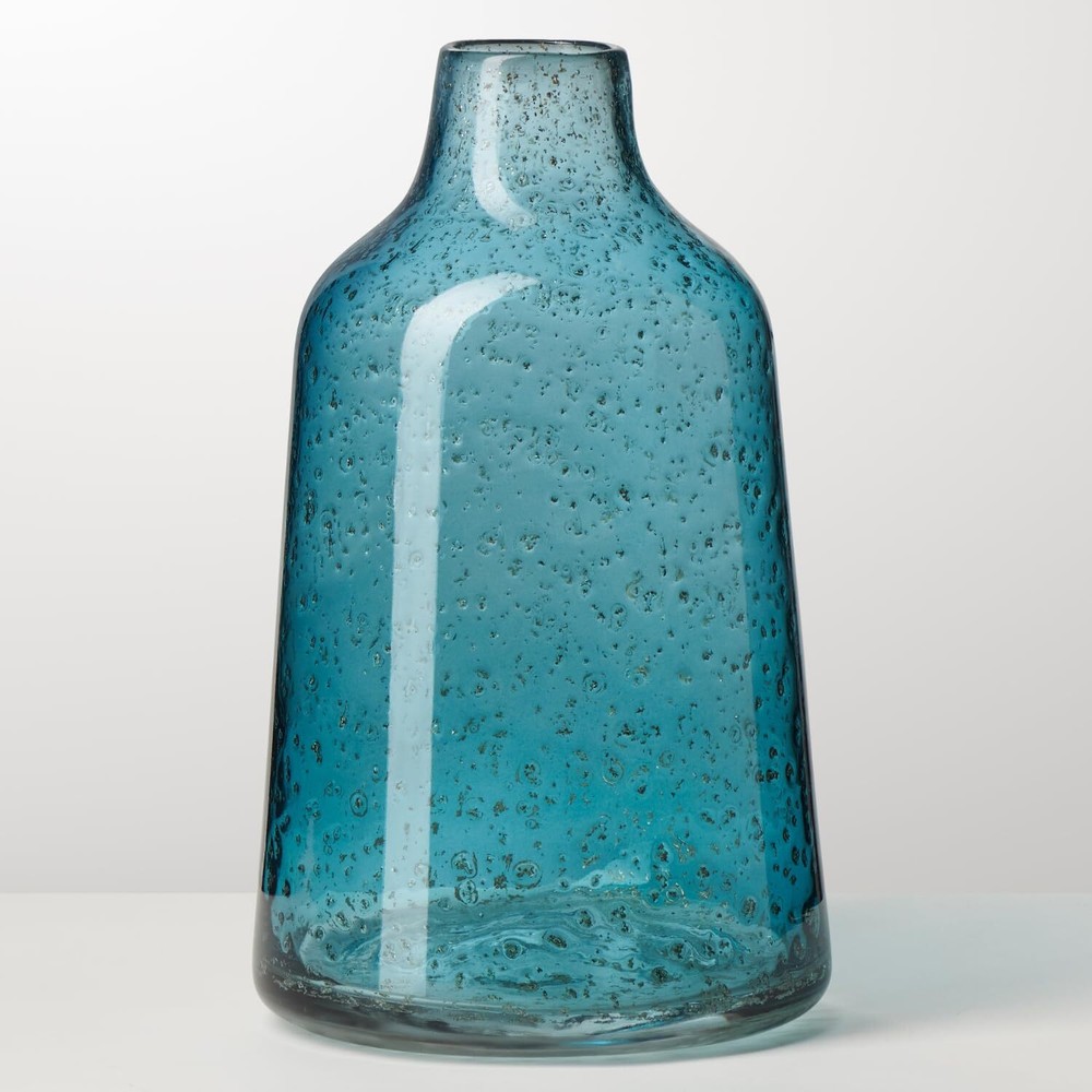 Marina Blown Glass Vase with Gold Flakes, 10-inch Tall Blue Flower Vase Cente...