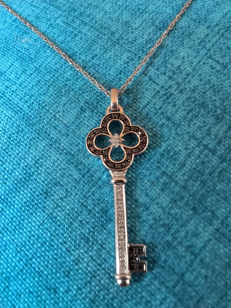 Vintage Black & White Diamond Sterling Silver 925 Key Pendant Necklace