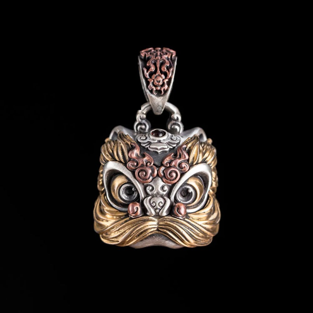 Oxidized Silver Dancing Lion Pendant. Lucky Amulet Charm Necklace.