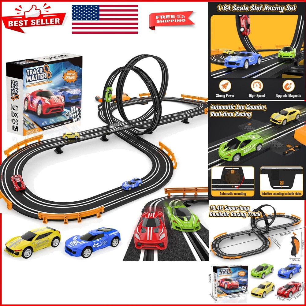 18.4 ft Slot Car Racing Track Set with 4 High-Speed Cars - Perfect Gift for Kids