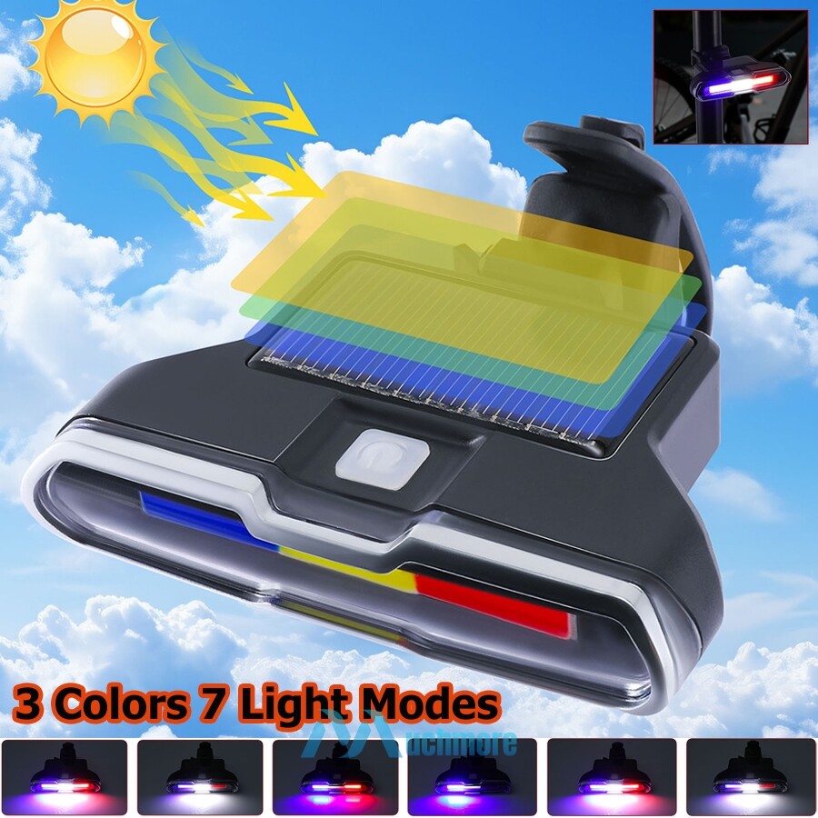 Solar&USB Rechargeable Bike Tail Light Safety Cycling Warning Rear Lamp 7 Modes