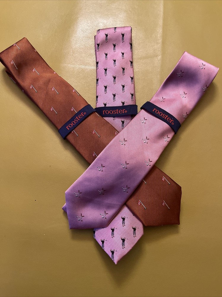 Lot ROOSTER GOLF Ties Neckties Golfer Balls Sticks Swinger 18th Hole Silk 3 New