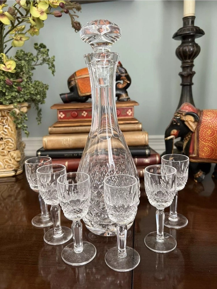 Waterford Crystal 11 Inch Decanter with 6 Tall Stem Cordial Glasses 3 7/8 Inch