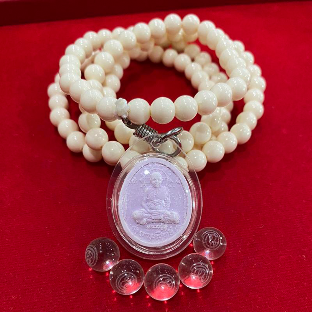 Exclusive Luang Pu Doo Pink Powder Amulet Necklace Set with Laser Crystal Balls