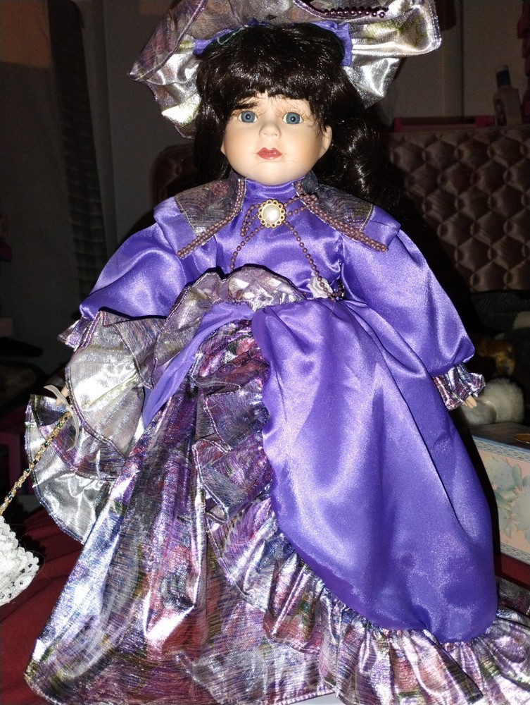 Elegant Porcelain Doll in Purple Victorian Dress with Hat and Umbrella Accessories