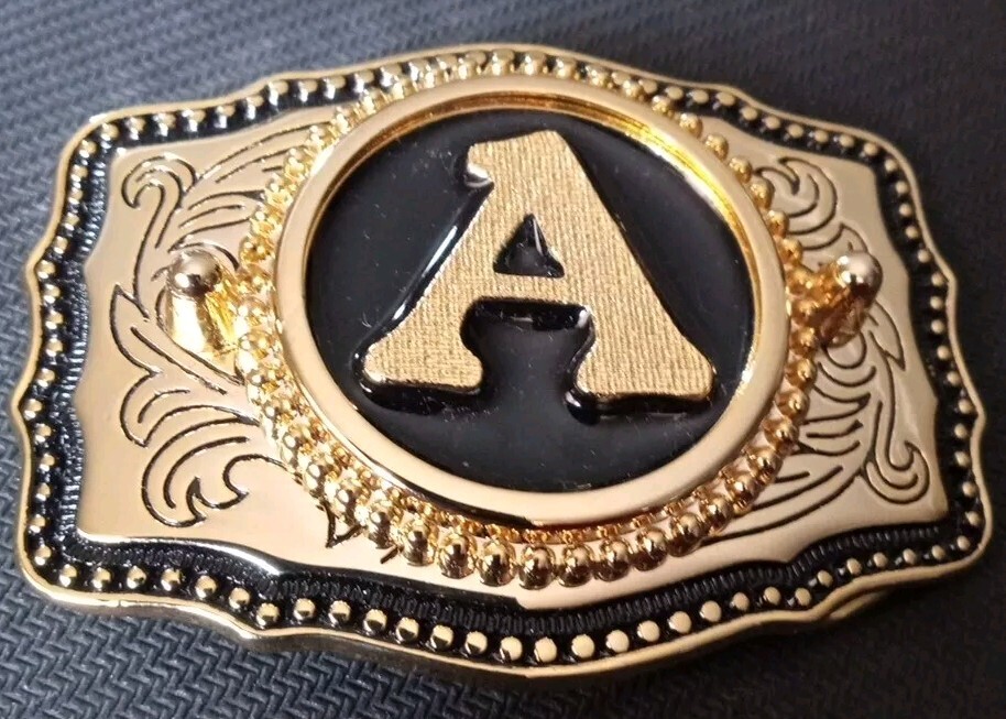 Gold Tone Black Enamel Capital Letter A Belt Buckle USA Western Cowboy