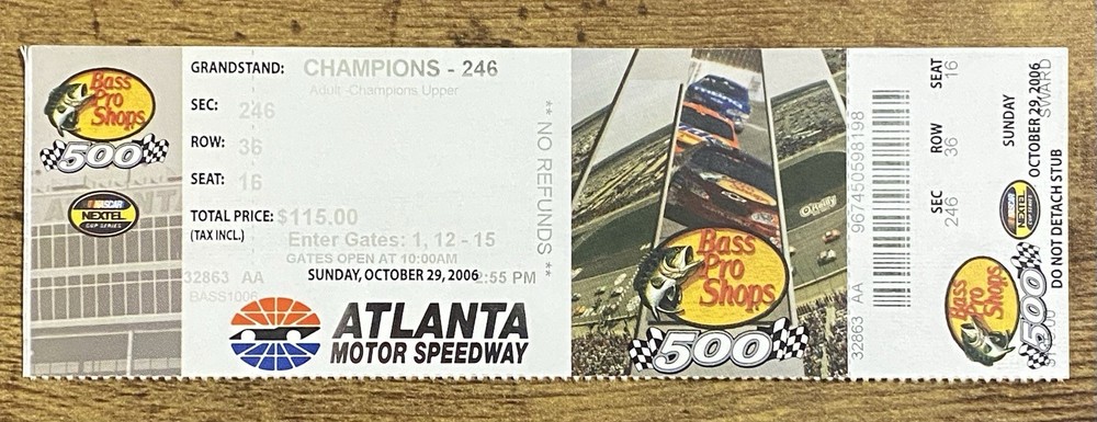 NASCAR Atlanta Motor Speedway 2006 Winner Tony Stewart Ticket Stub