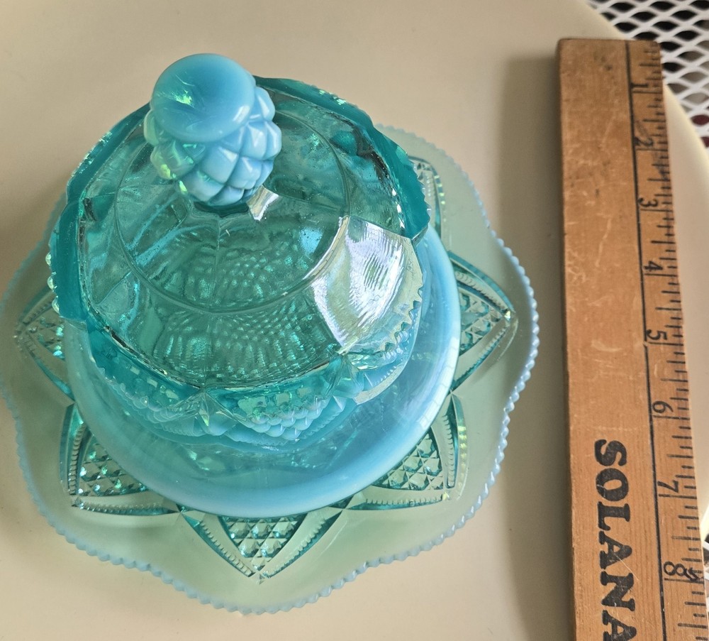 Vintage Fenton Blue Opalescent Button Arch Covered Butter Dish  