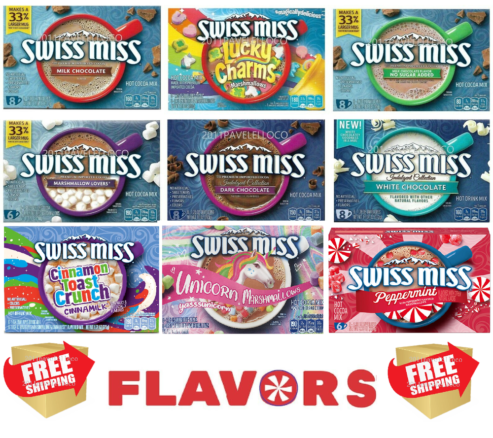 SWISS MISS HOT DRINKS MIX ,DARK ,WHITE ,SUGAR FREE,CHOCOLATE,MILK,LUCKY CHARM AA