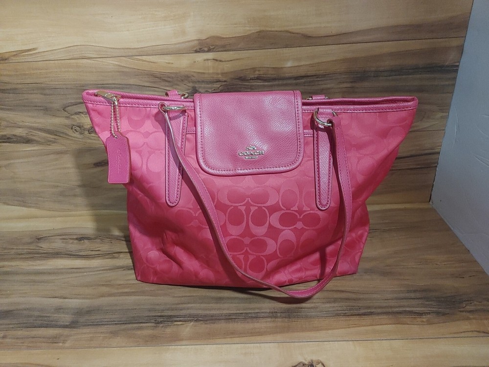 Coach 33475 Ward Signature Luxury Nylon Tote Handbag Ruby Pink Leather Flap Bag
