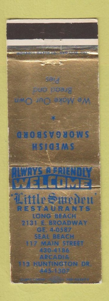 Vintage Matchbook Cover Little Sweden Restaurants Seal Beach CA