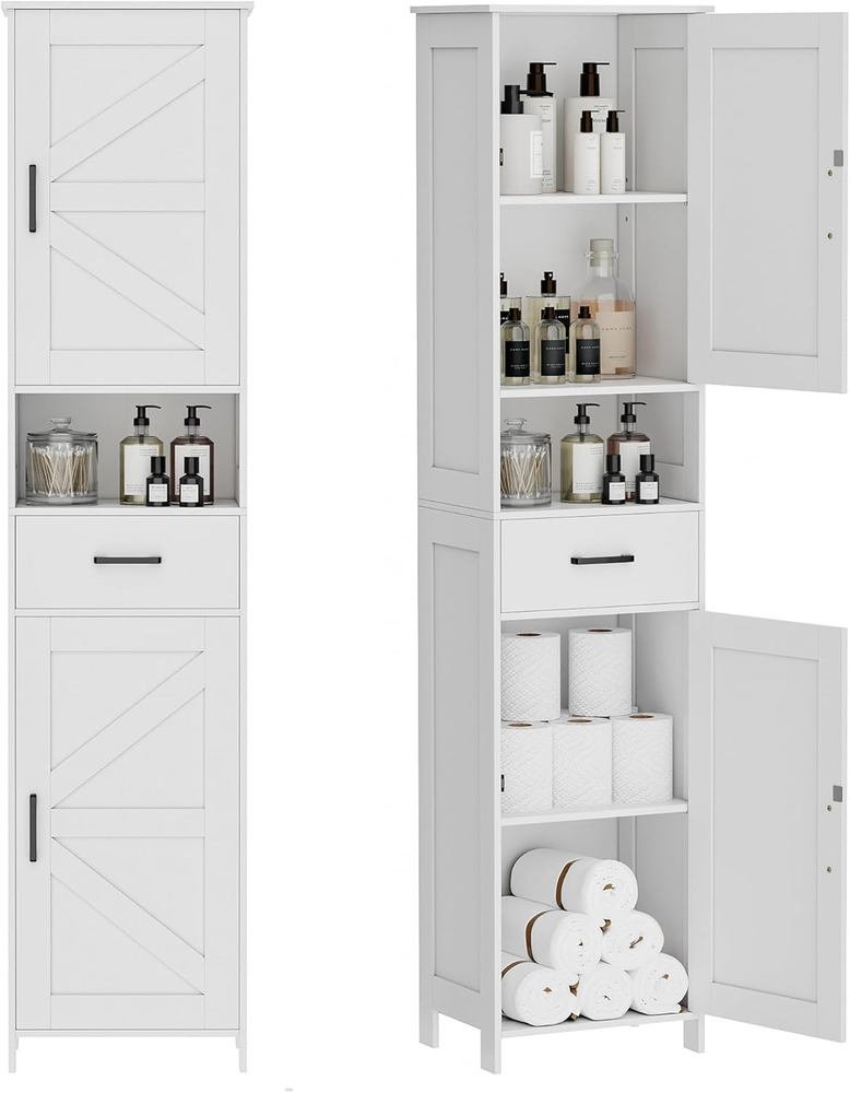 67-Inch Tall Narrow Bathroom Storage Cabinet with 2 Barn Doors & Drawer