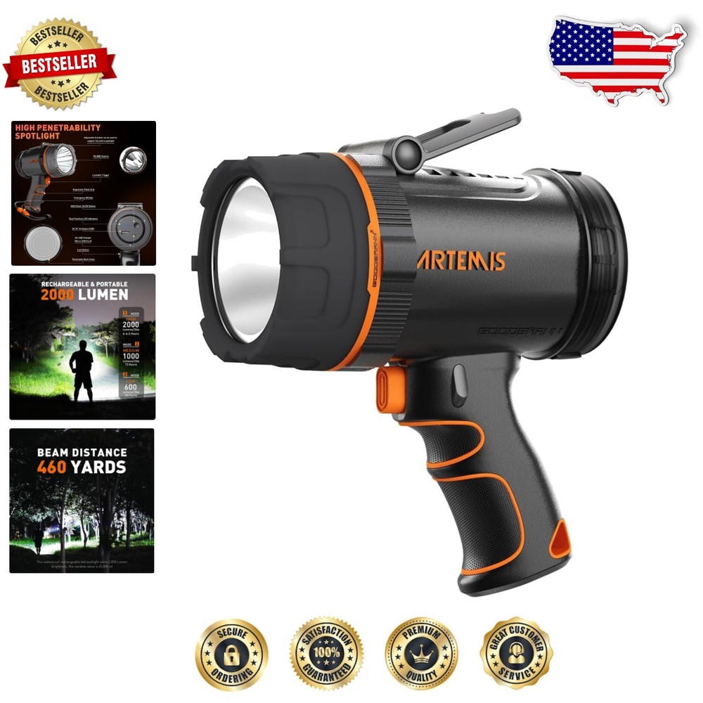 IP67 Waterproof 2000 Lumen LED Spotlight with Locking Trigger and USB Charging Functionality