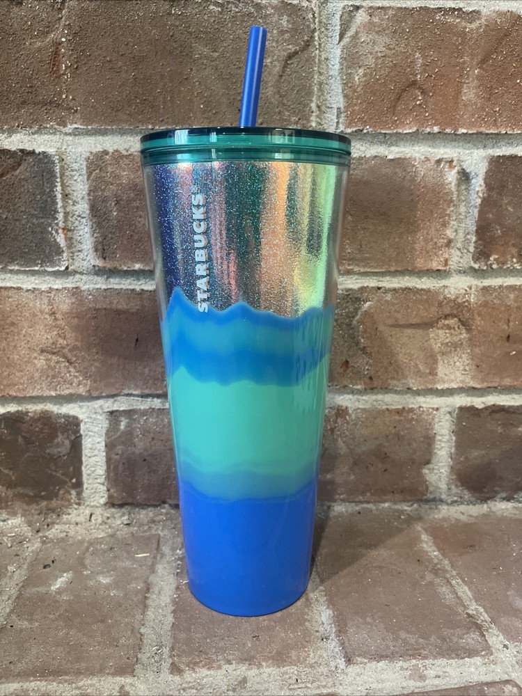 Starbucks Venti 24oz Glitter Icy Blue Travel Tumbler Cold Cup EUC 2022 Beach Edition