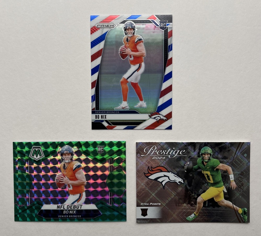 Lot (3) 2024 Bo Nix Rookie Cards Prizim Red White Blue Mosiac Green