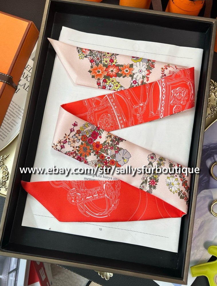 Sallys 18 Momme Twill Silk Scarf Ribbon Flowers Print Hair Bag Neck Tie 33