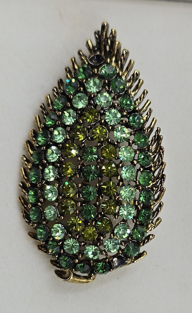 VTG 1950s Atomic Green Rhinestone Leaf Brooch with Uranium Glow