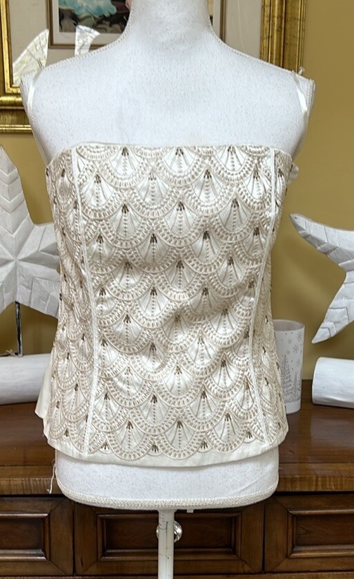 WHBM Off White Gold Embroidered Beaded Art Deco Bodice Corset Bustier NWT Sz 14