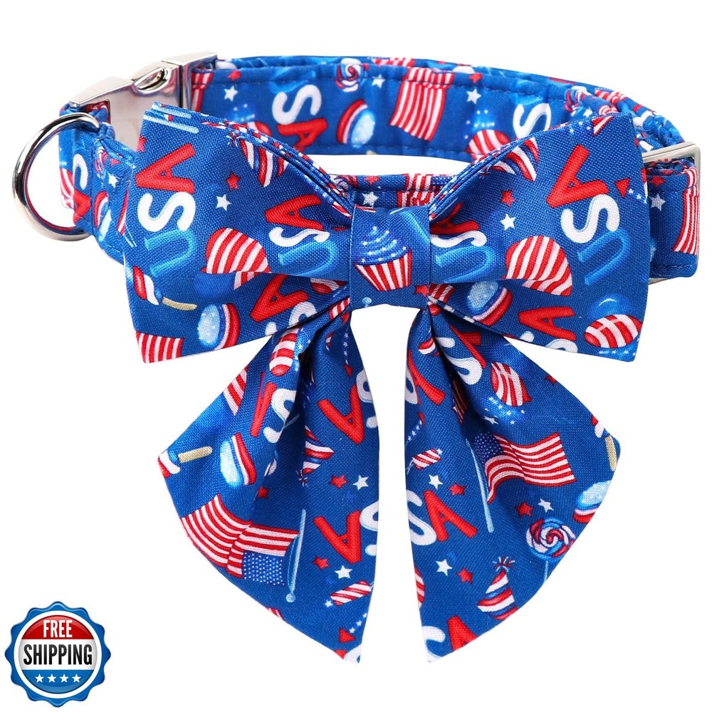 Patriotic 4th of July Dog Collar with Sailor Bow - Soft Comfortable Lionet Paws Design  