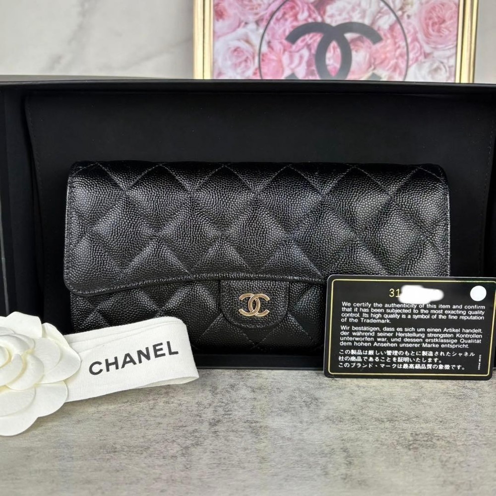 CHANEL Matelasse Caviar Skin Wallet Black Long Flap Coco Mark w/ Box Used Card