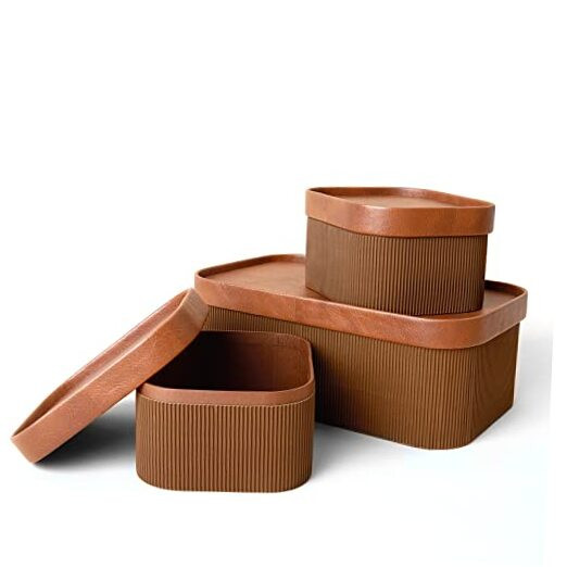 Fluted Cardboard Storage Baskets with Faux Leather Lids – Stackable and Sturdy