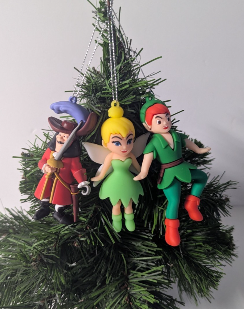 3 Custom 4-Inch Disney Peter Pan Christmas Ornaments with Tinkerbell & Captain Hook