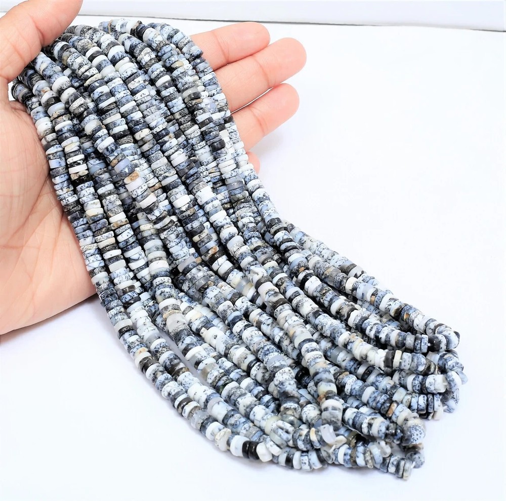 Natural Dendrite Opal Shaded Smooth Heishi Tyre Shape Gemstone Beads, 6-8mm AAA