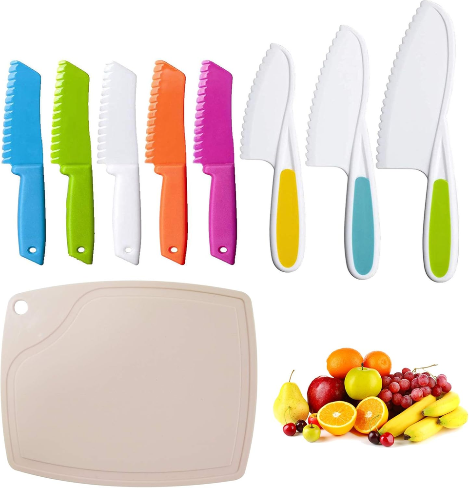 9Pcs Plastic Kids Chef Knife Set with 5 Square Nylon Knives
