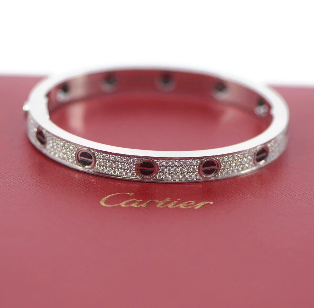 Cartier 18K White Gold Pave Diamond Ceramic Love Bracelet Size 18