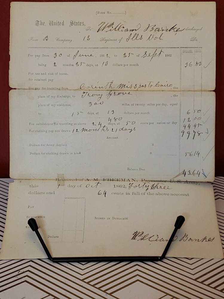 1862 Civil War Discharge Voucher for Payment, Mileage, Rations & Clothing-image