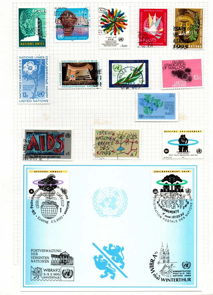 United Nations selection of 13 stamps & 1 miniature sheet mounted on album page.