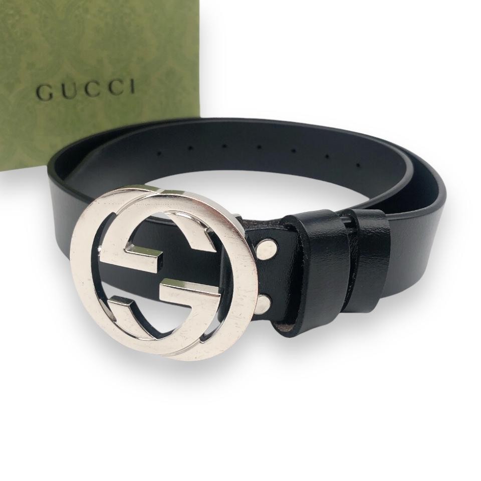 Vintage Gucci Silver Black Leather Belt 32 Inch