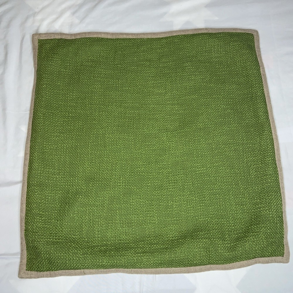 Pottery Barn Green Cotton Woven Textured Throw Pillow Cover Only 20x20” Tan Trim