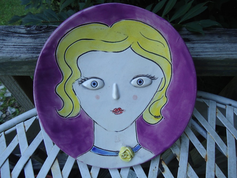 Portrait in Clay Colorful Blond Hair Blue Eye Rose Necklace Purple Handmade Art