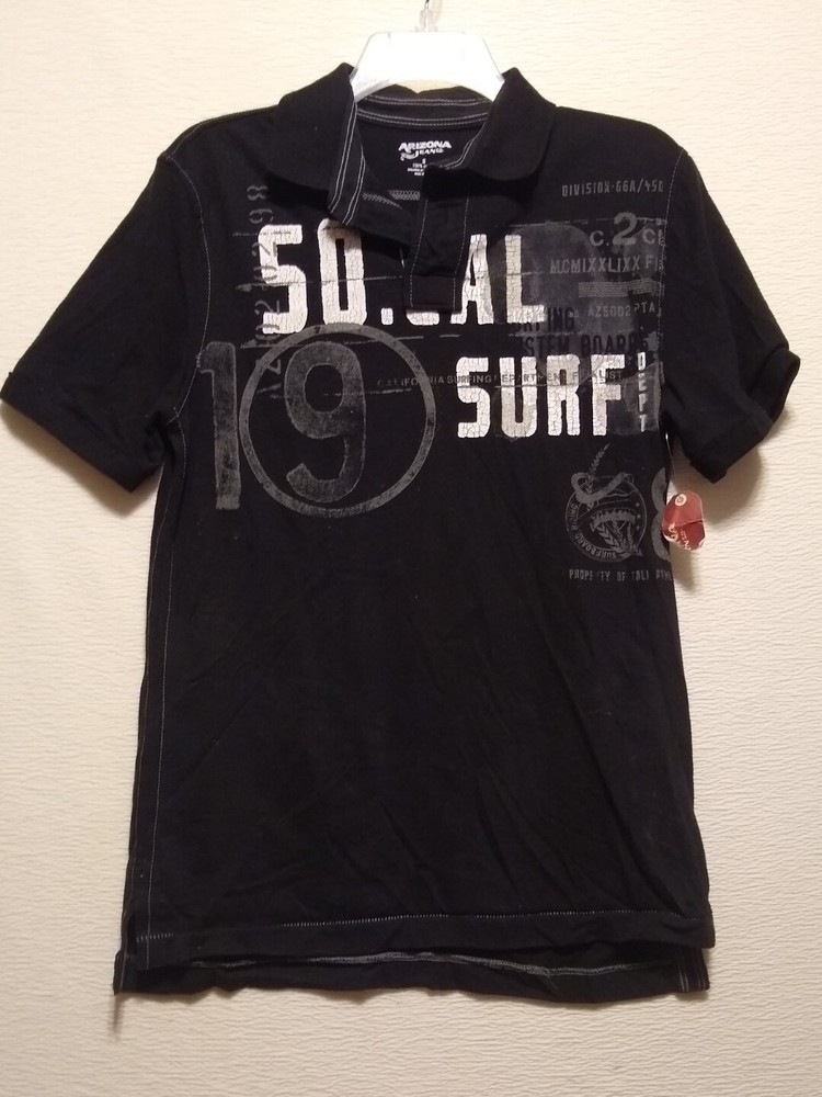 Arizona Jean ~ Polo Men Sz Sm Black Distressed Graphic Print Short Sleeve New!