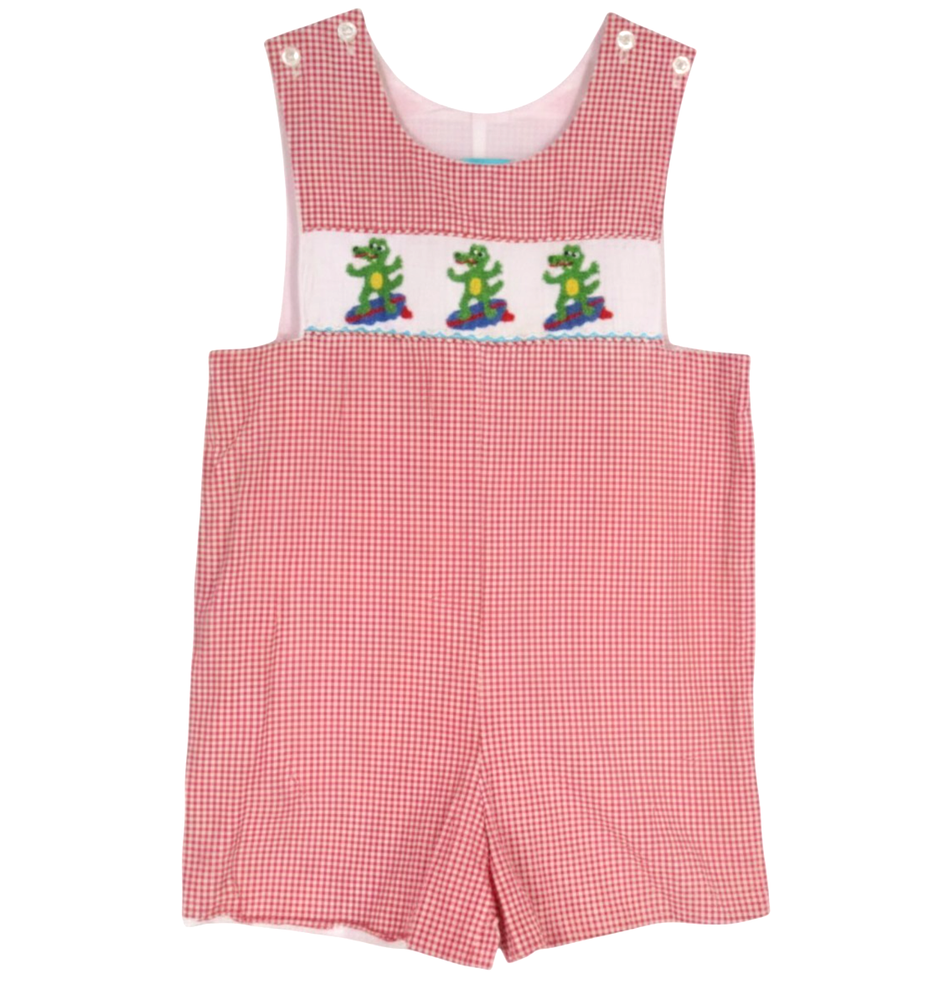 CLAIRE & CHARLIE Red GINGHAM Button ALLIGATORS ON SKATEBOARDS Smocked ROMPER 24M