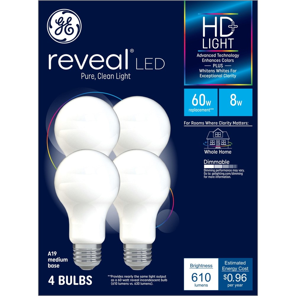 GE Reveal HD+ 60W A19 LED Light Bulbs 4pk Medium Base True Color