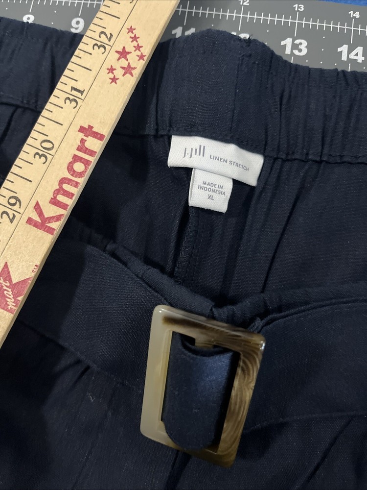 J Jill Linen Stretch Crop / Capri Pants Size XL Navy Blue Wide-Leg Belted