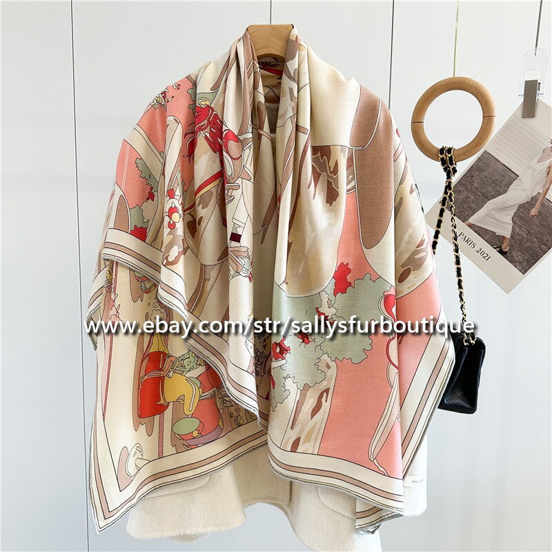Sallys 70% Cashmere 30% Silk Stole Horse Plane Print Double Face Scarf Shawl 53
