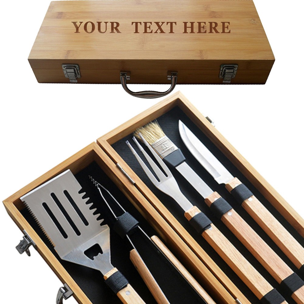 Personalized BBQ Grill Set with Wooden Box - Custom Engraved BBQ Grill Access...