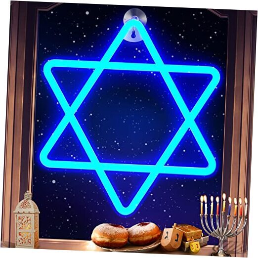 Hanukkah Decorations Star of David Blue Neon Window Lights, 12 Inch Battery