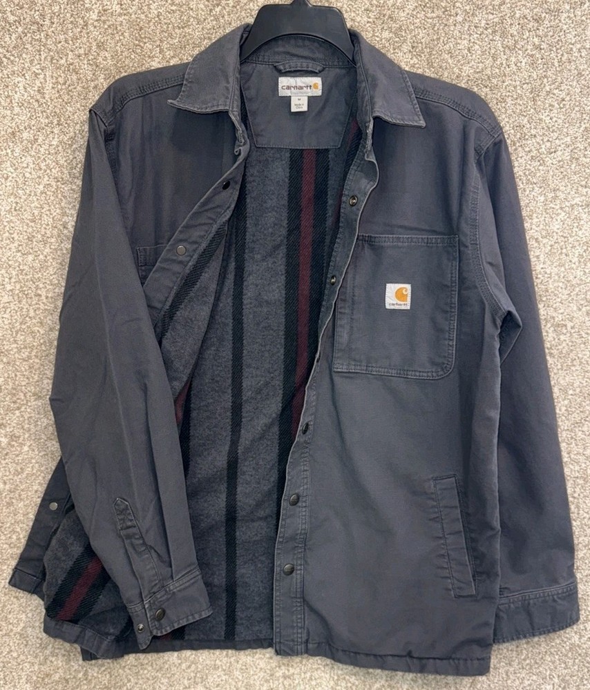 Carhartt Mens Medium Gray Fleece Lined Canvas Snap Jacket Relaxed Fit