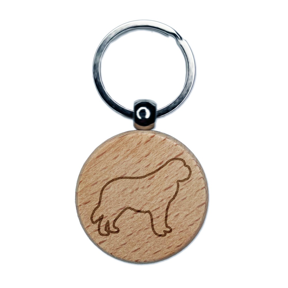 St Bernard Saint Dog Outline Engraved Wood Round Keychain Tag Charm