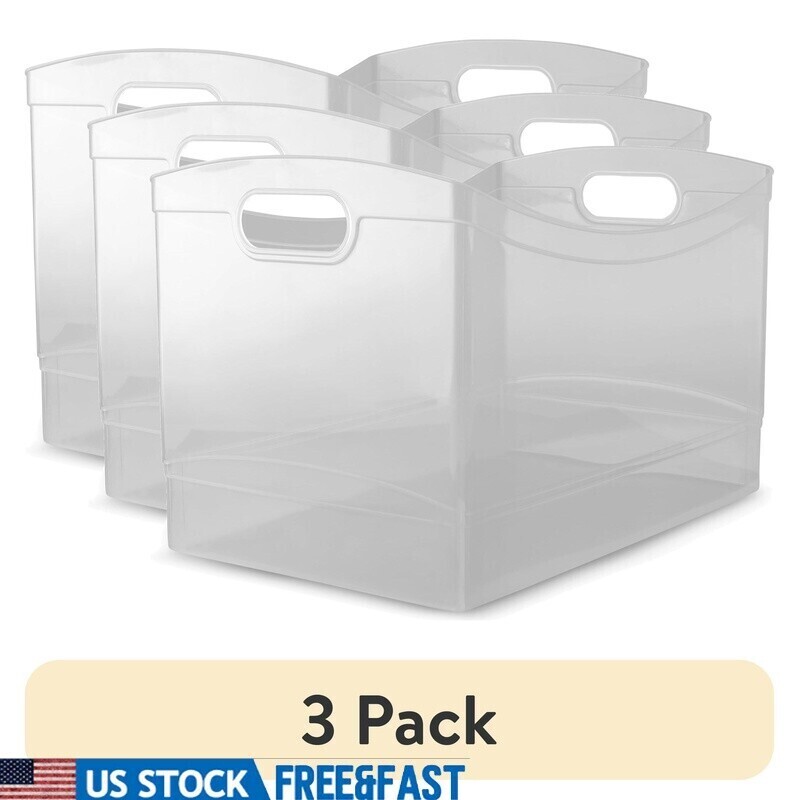 3 Pack Clear Plastic Utility Storage Bins W/ Handles Office Closet Organization