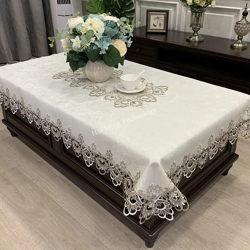 Rectangle Tablecloth Luxury Embroidery Lace Table Cover Flower Elegant Hollow