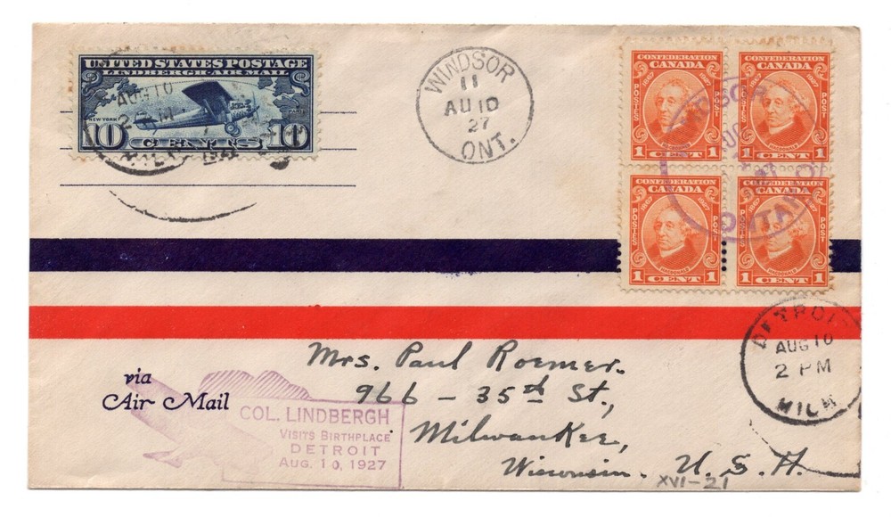US-CANADA 1927 MIXED FRANKING CHARLES LINDBERGH GOOD WILL TOUR COVER