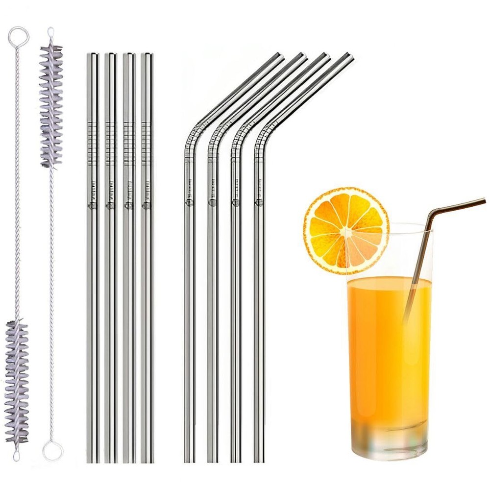 10-Pack Reusable Metal Straws – 4 Straight, 4 Bent, 2 Brush Cleaners, 8.5