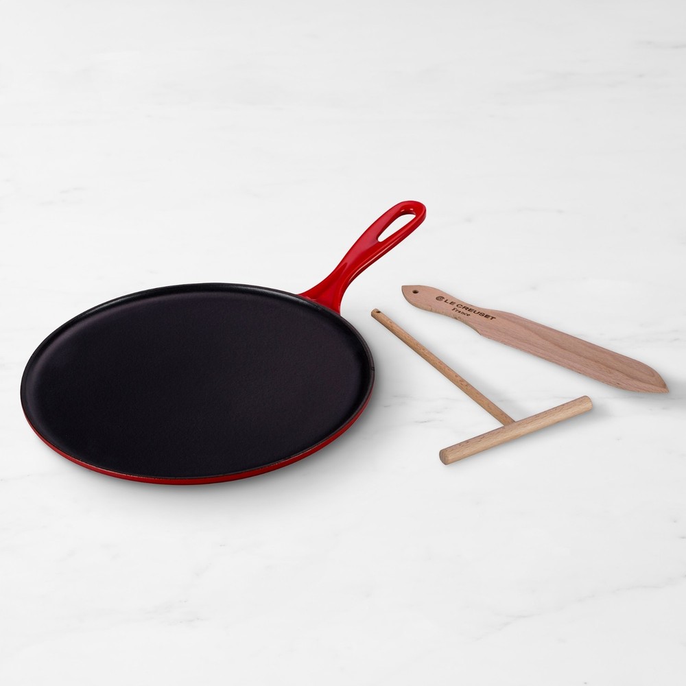 Le Creuset Enameled Cast Iron Crepe Pan with Spreader and Spatula, Cerise Red